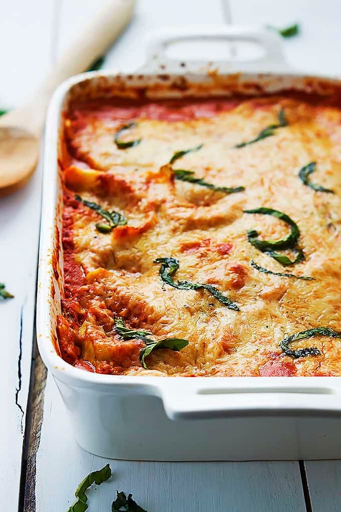 roasted red pepper ravioli in a serving pan.