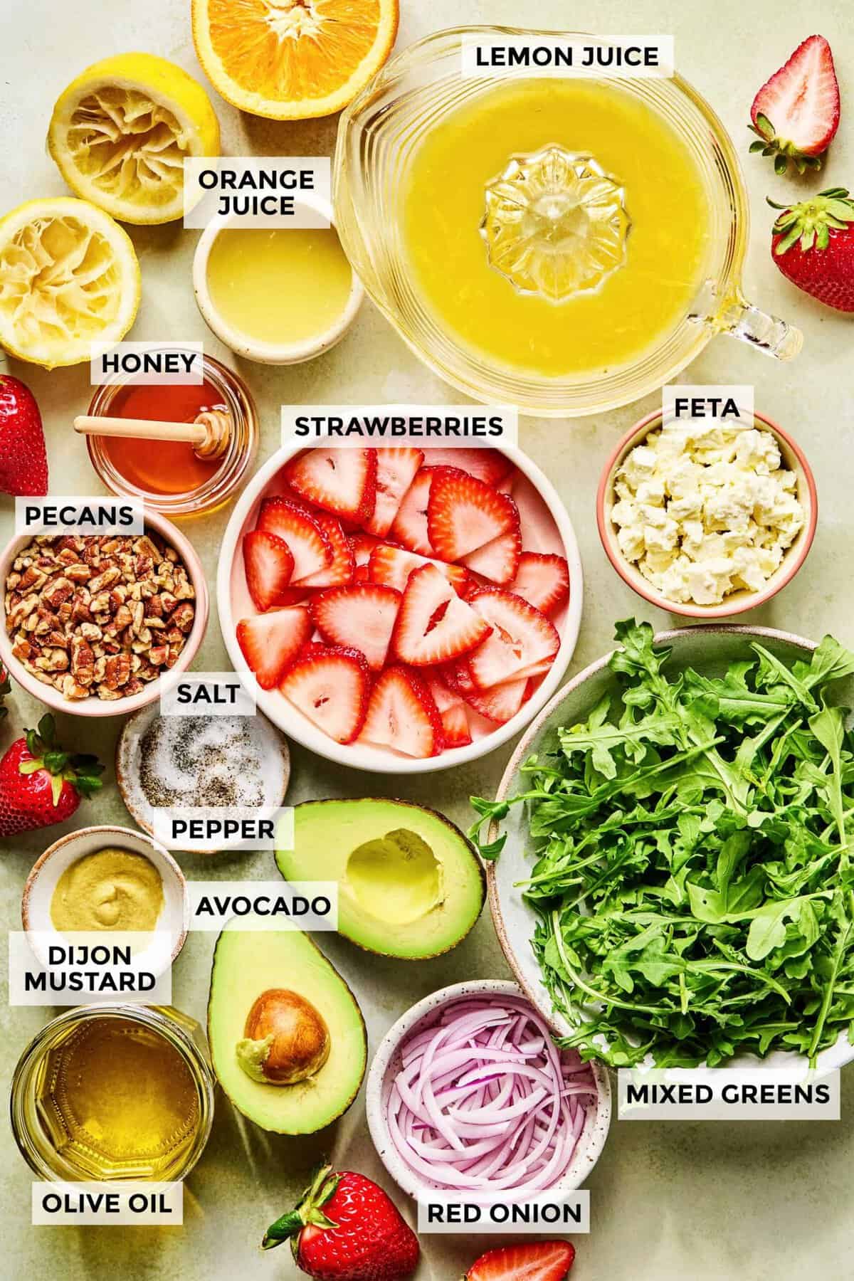 Ingredients for strawberry avocado salad.
