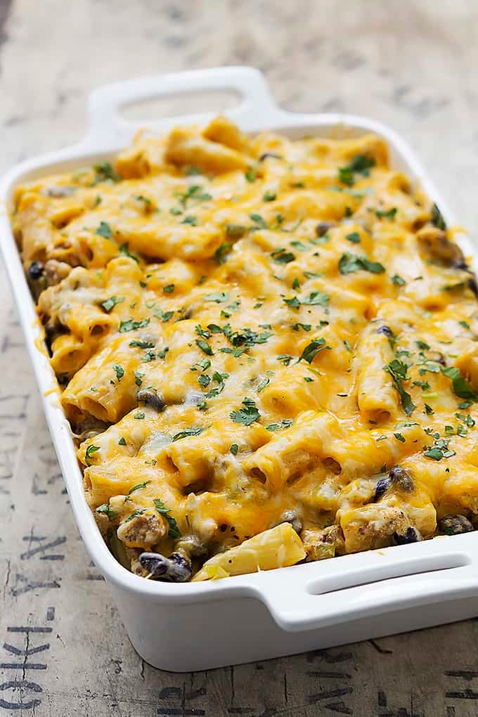 cheesy Mexican rigatoni bake in a serving dish.