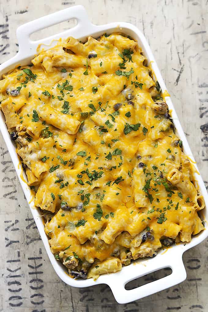 top view of cheesy Mexican rigatoni bake in a serving dish.