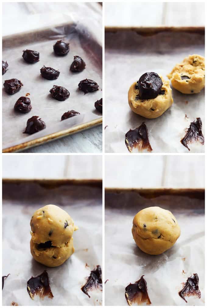 a collage of 4 images of the step by step process to make hot fudge stuffed chocolate chip cookies.