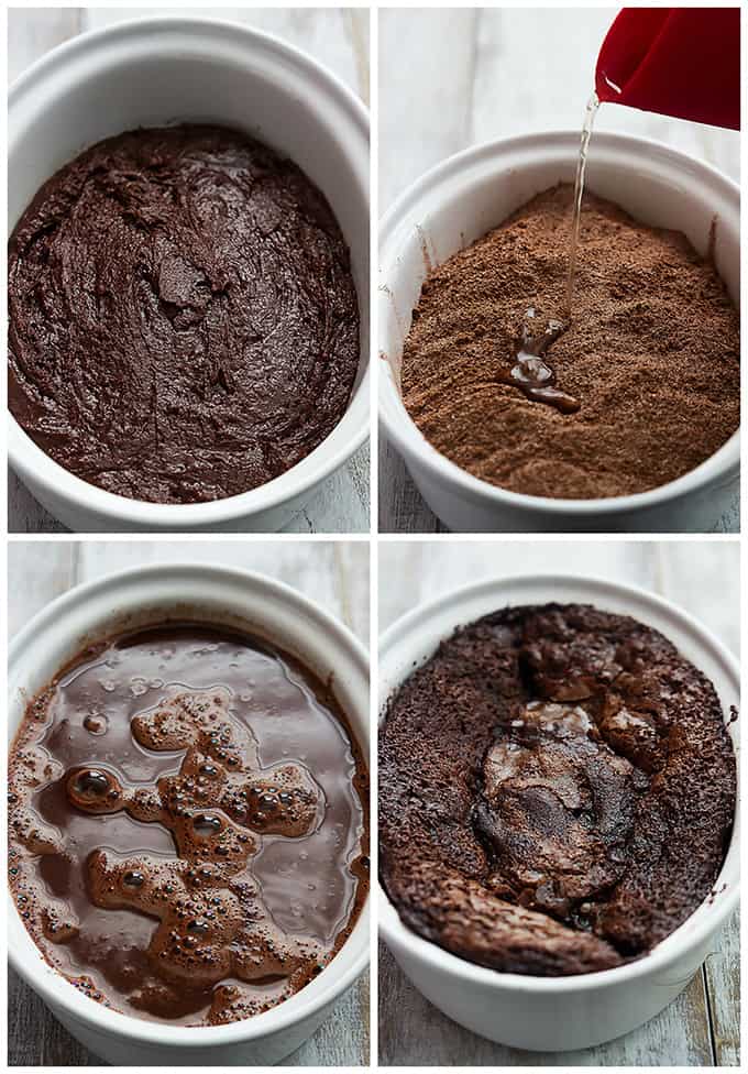 a four image collage of chocolate cobbler being made.