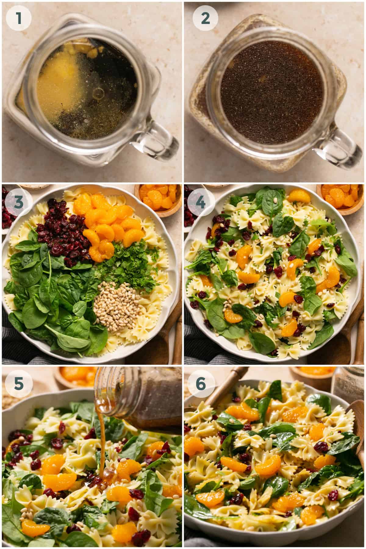 6 steps of preparing spinach salad with mandarin oranges and pasta noodles