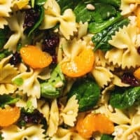 up close spinach, mandarin oranges, bowtie pasta noodles, and craisins