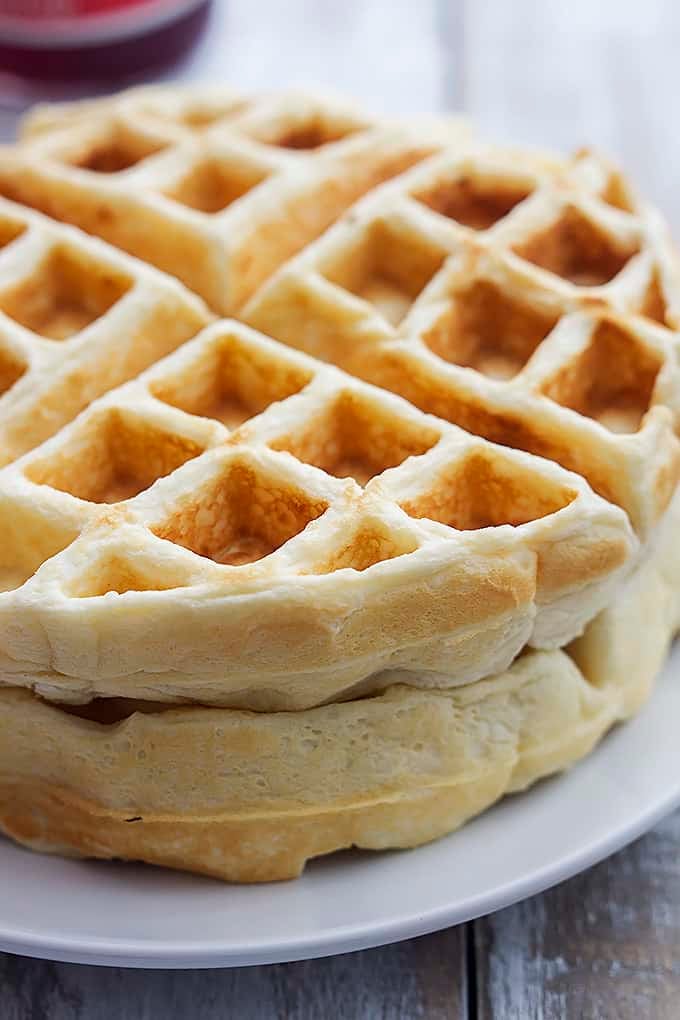 close up of Greek yogurt waffles on a plate.