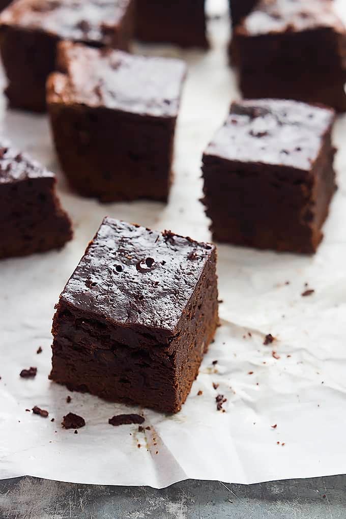 slow cooker brownies cut into small squares.