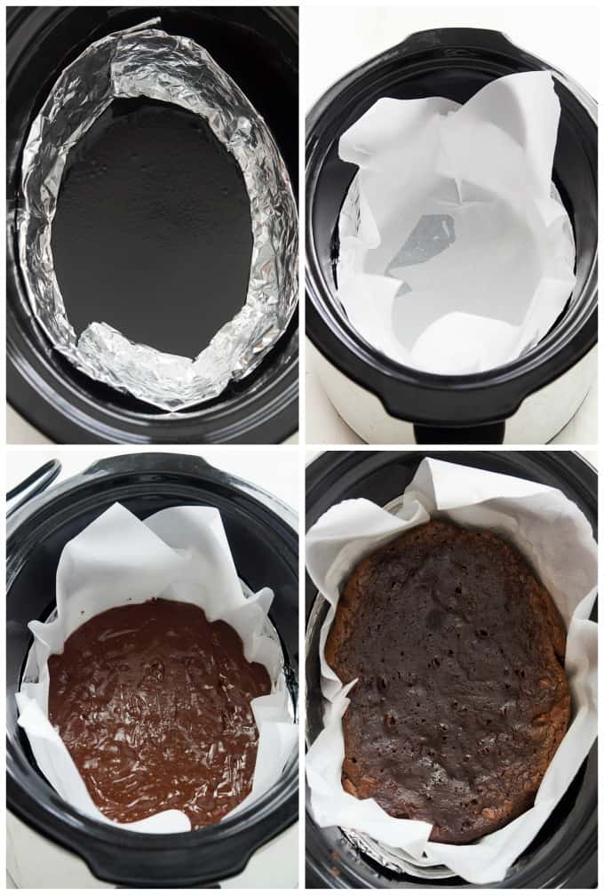 four image collage of slow cooker brownies being made.