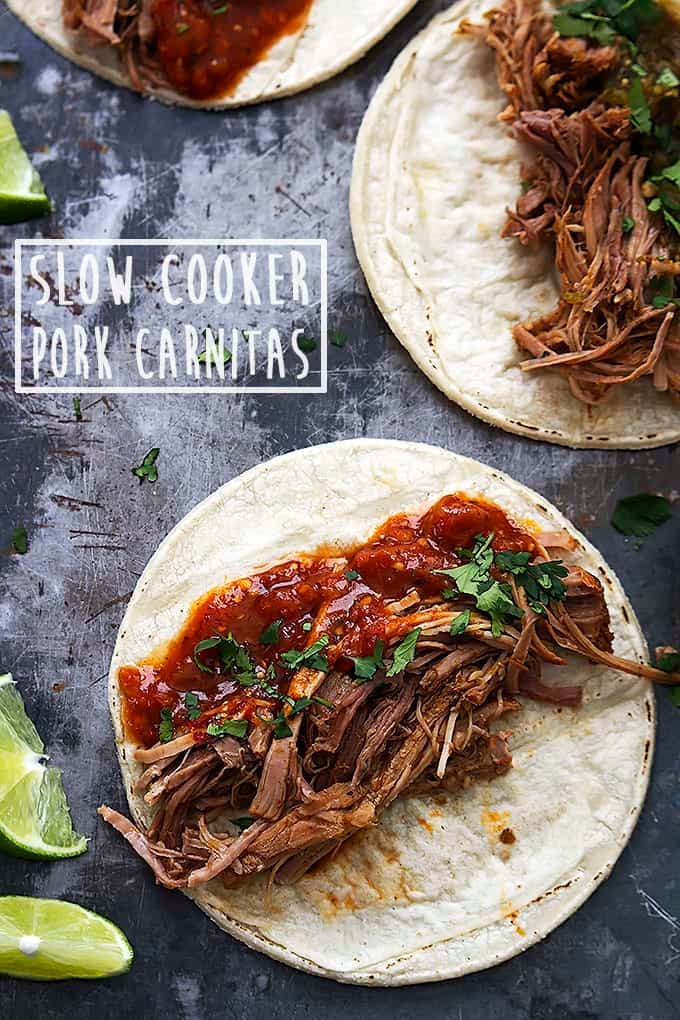 top view of slow cooker pork carnitas with the title of the recipes on the top left side of the image.