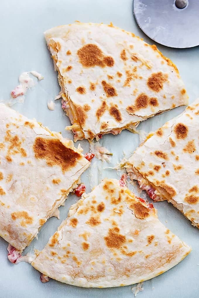 top view of slow cooker chicken quesadillas slices.
