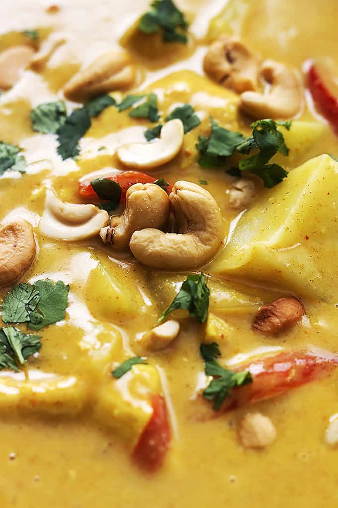 close up of slow cooker coconut curry cashew chicken.