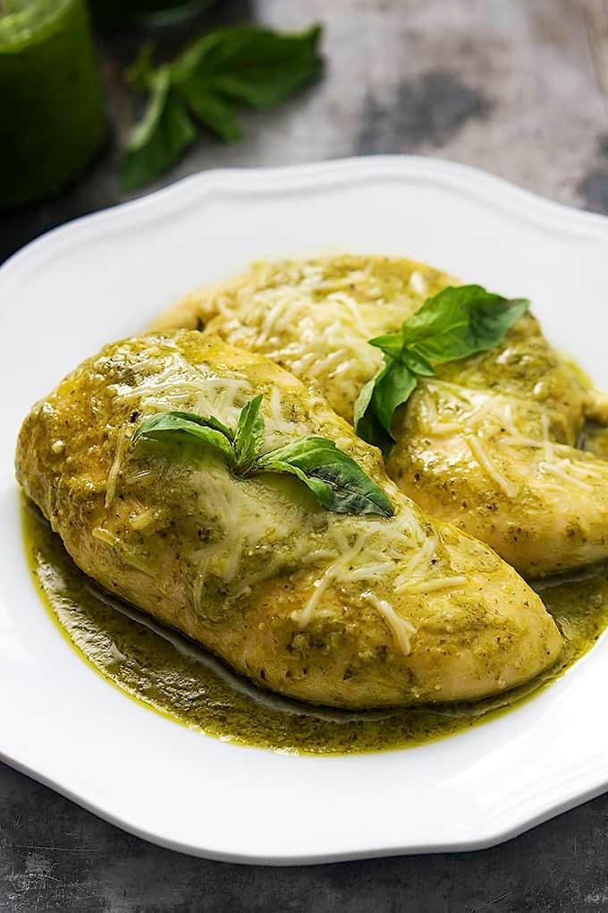 slow cooker pesto ranch chicken on a plate.