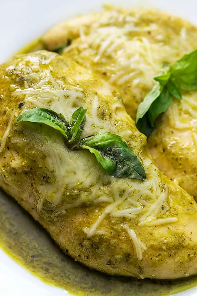 close up of slow cooker pesto ranch chicken.