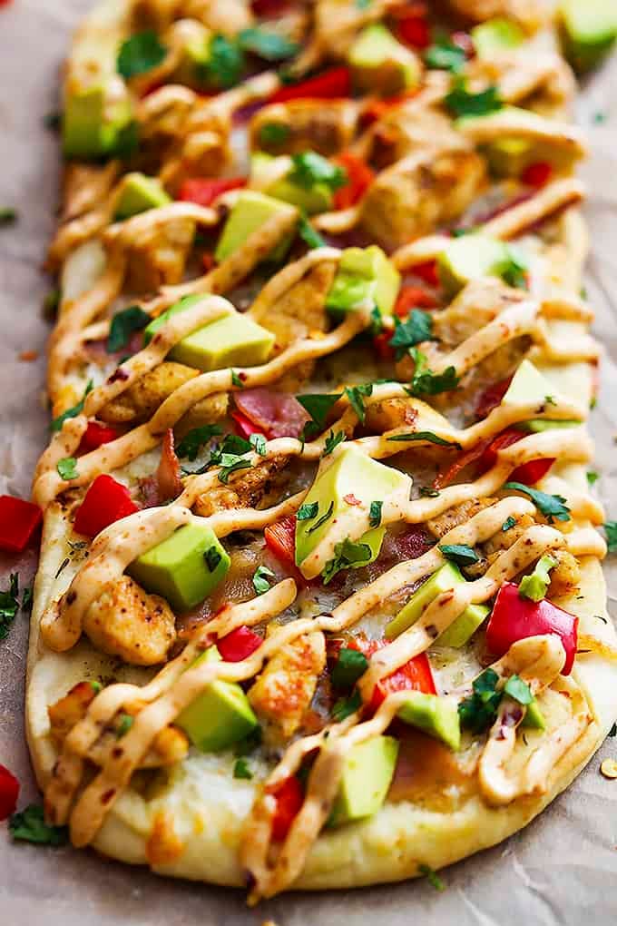 California chicken flatbread with chipotle ranch sauce.