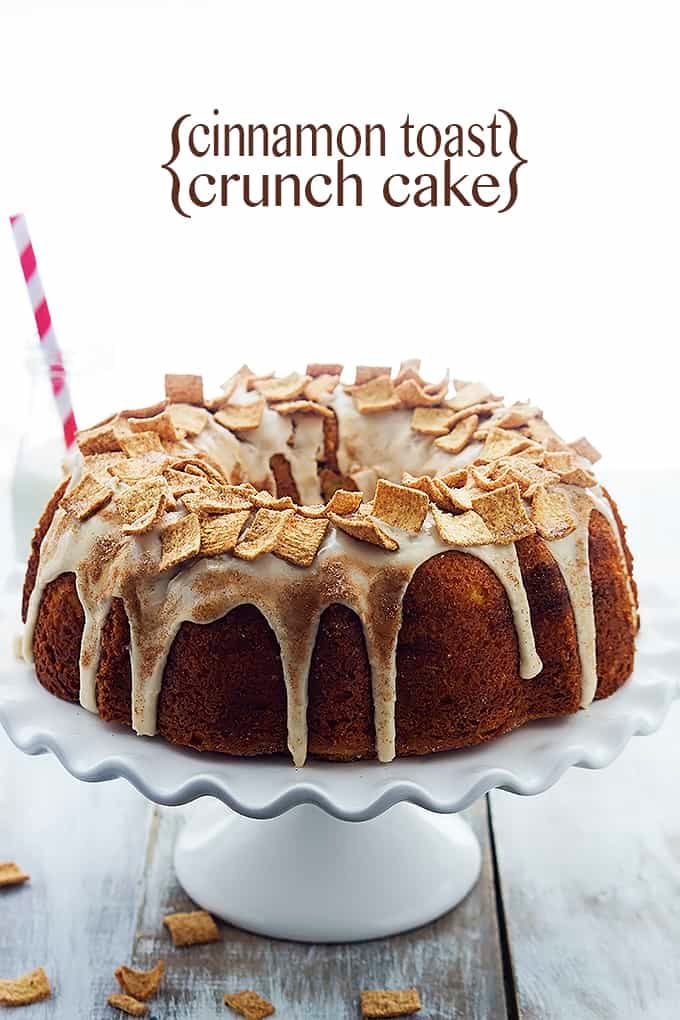 Cinnamon Toast Crunch bundt cake on a cake platter with the title of the recipe written on the top middle of the image.