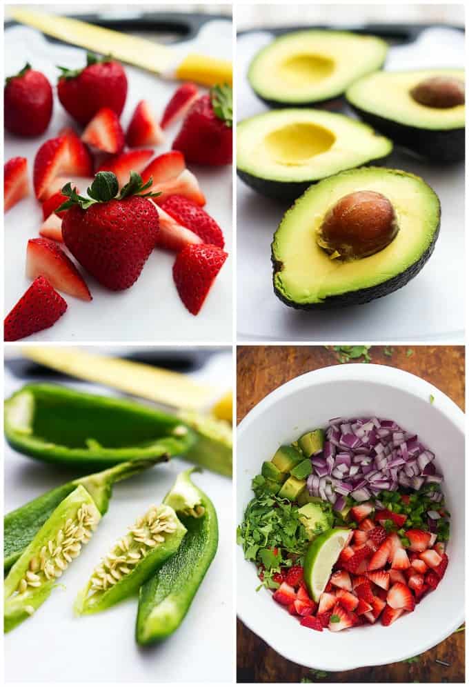 4 image collage of strawberries, avocados, peppers and a bowl of chopped up ingredients.