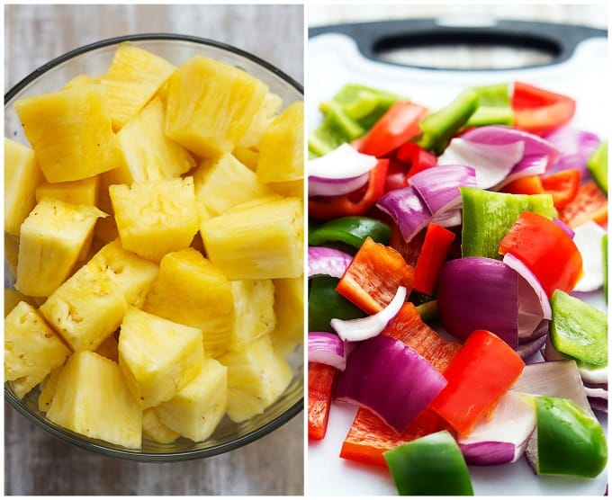 two side by side images with a bowl of pineapple chunks and chopped up veggies on a cutting board.