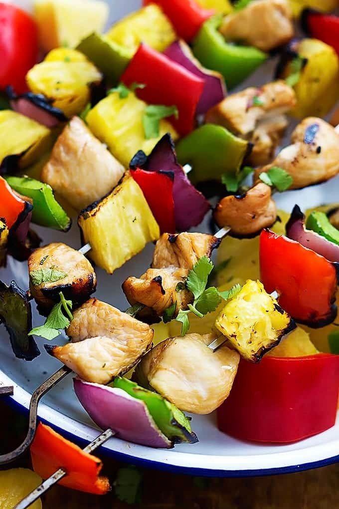 close up of grilled Hawaiian chicken kabobs.