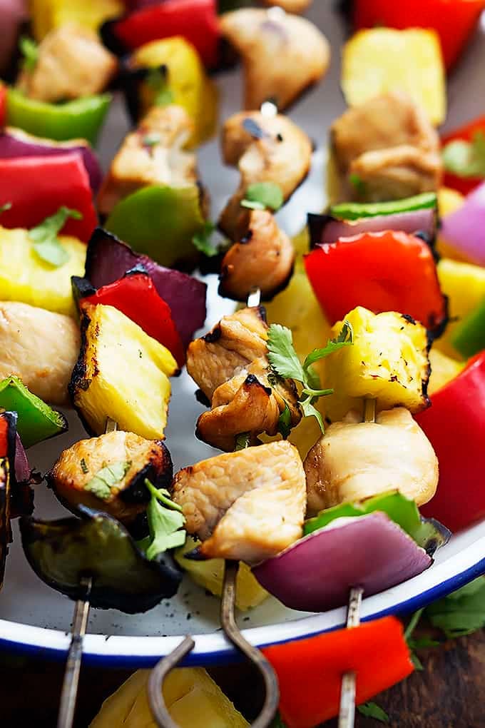 close up grilled Hawaiian chicken kabobs.