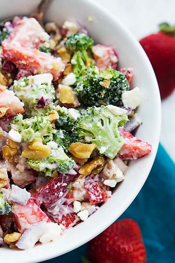 top view of strawberry broccoli salad in a bowl.