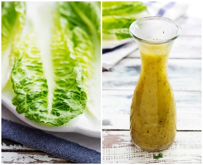 two image collage of a close up of romaine finger salad on a plate and a carafe of Italian dressing. 