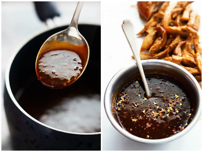 side by side collage of sweet and spicy Asian garlic sauce on a spoon being held up above a skillet and in a bowl in front of shredded up slow cooker honey garlic chicken.