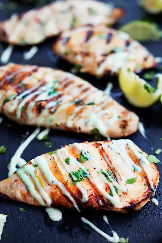 grilled cilantro lime chicken with lime slices.