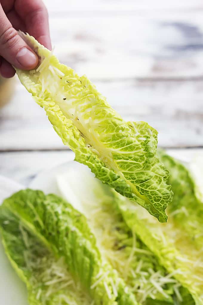 a hand holding a piece of romaine finger salad above a plate of salad.