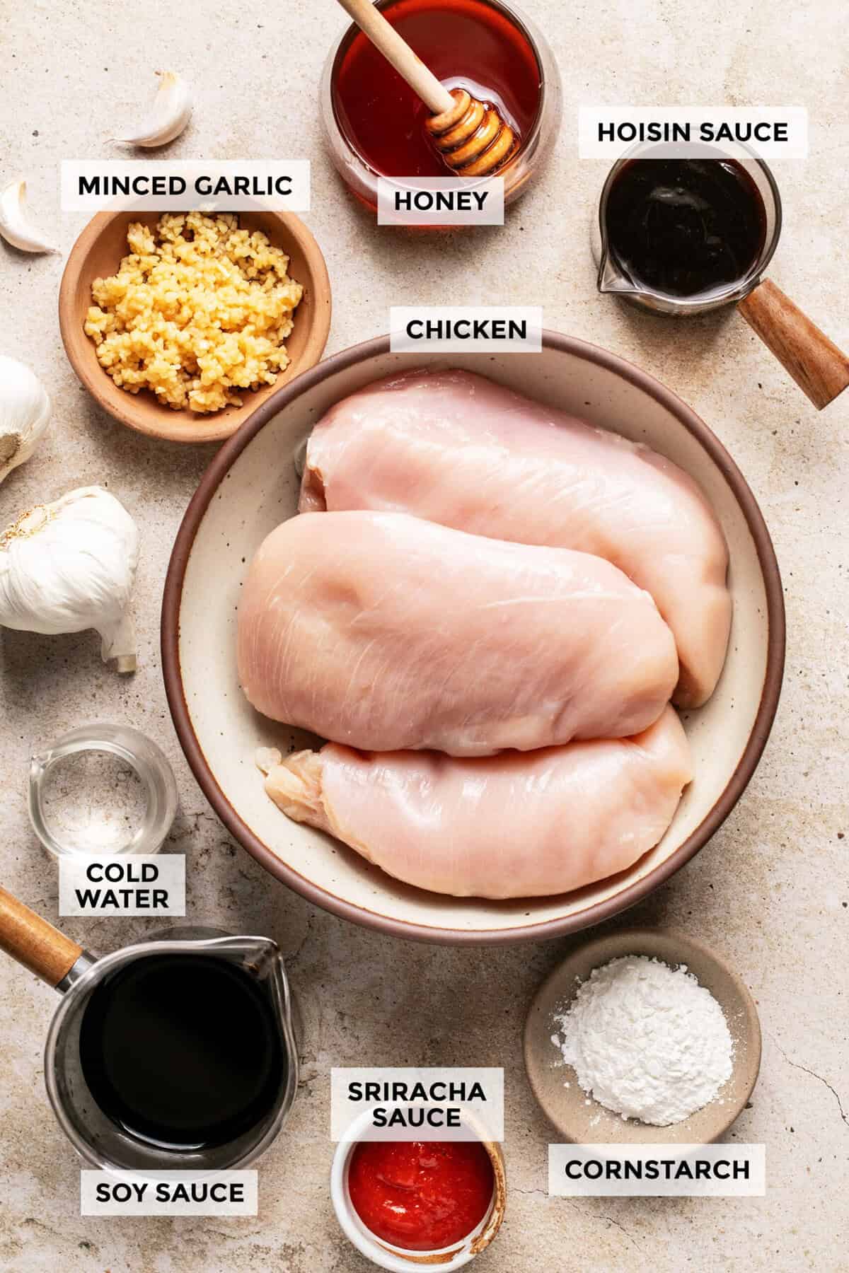 Ingredients for slow cooker honey soy shredded chicken.