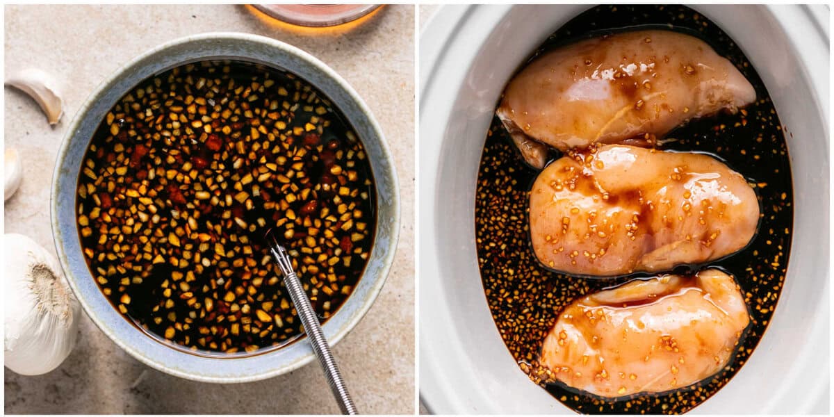 Steps 1-2 for prepping slow cooker honey soy shredded chicken.