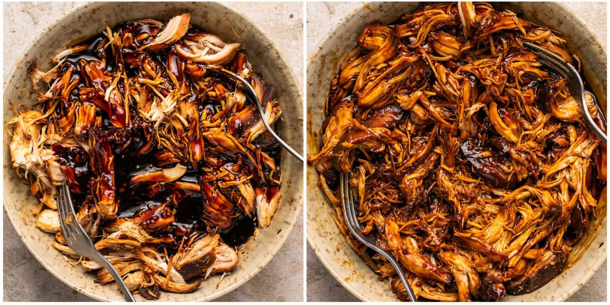 Steps 4-6 for prepping slow cooker honey soy shredded chicken.