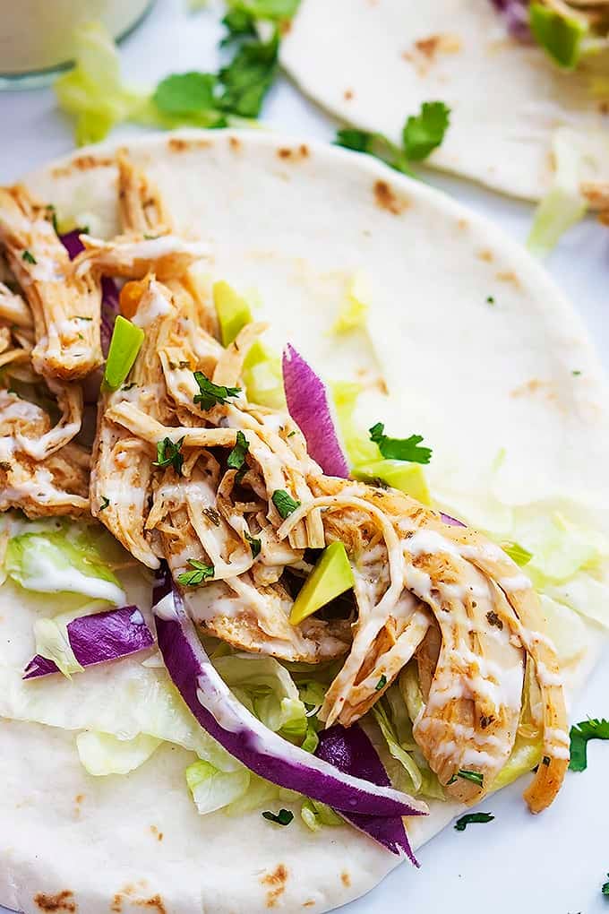 close up of a slow cooker ranch chicken taco.