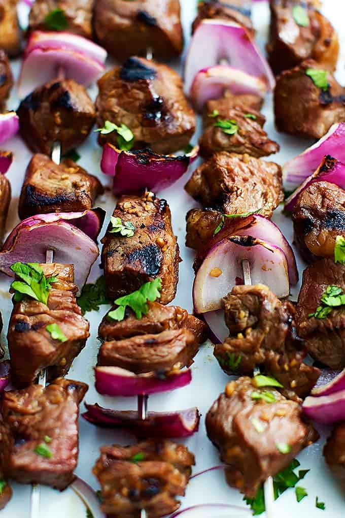 close up of grilled steakhouse kabobs.