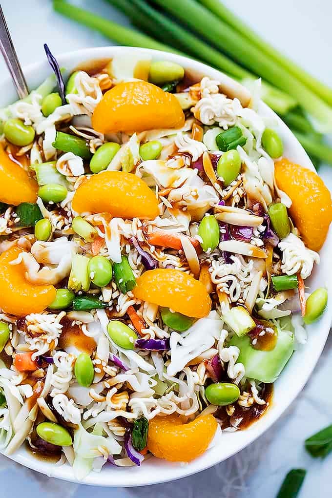 top view of Asian ramen noodle salad in a bowl.