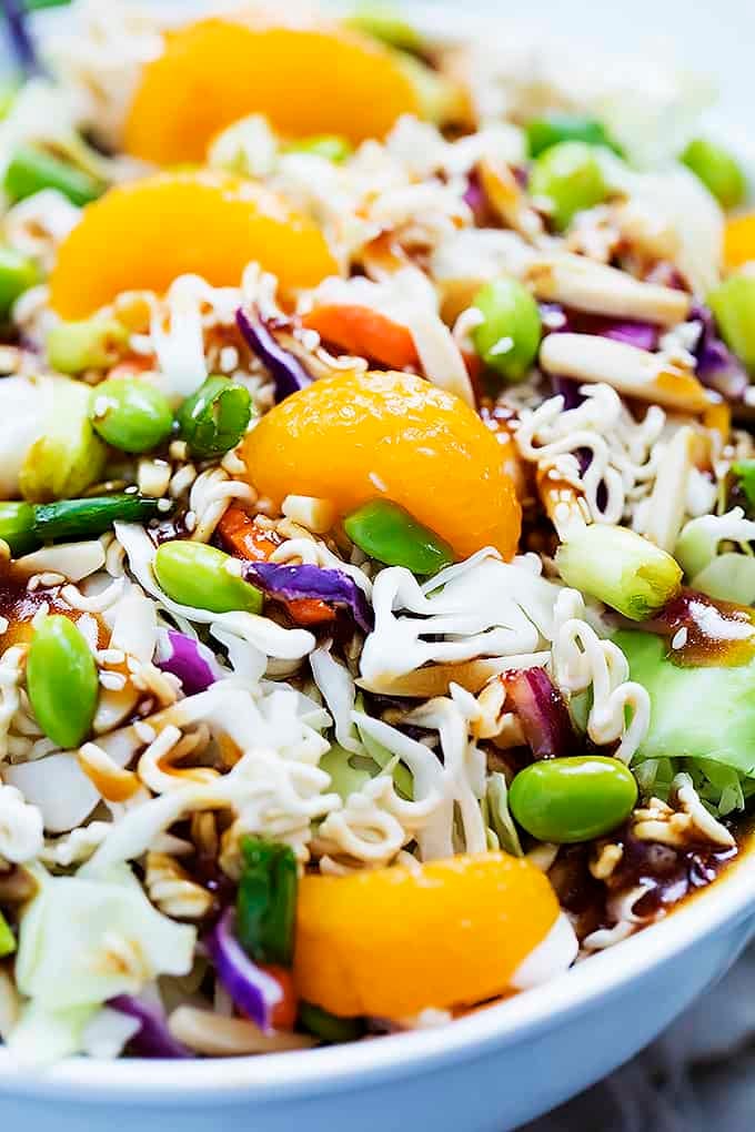 close up of Asian ramen noodle salad in a bowl.