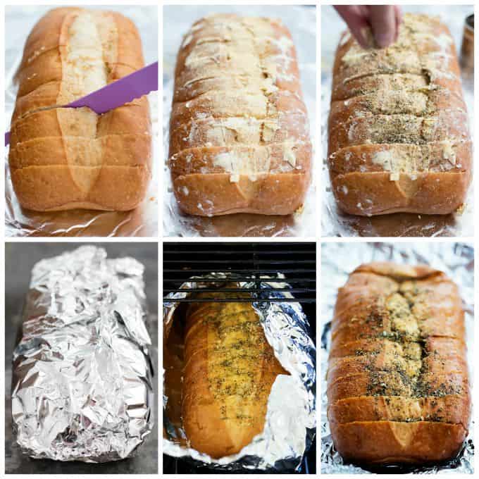 collages of grilled garlic bread being made.