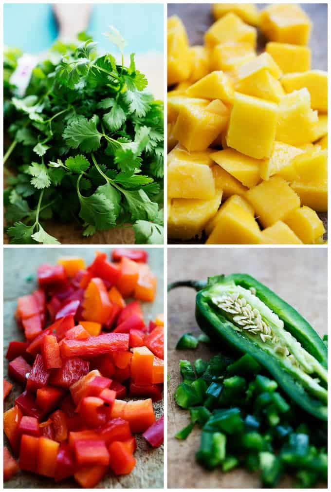 a collage of mango salsa ingredients.