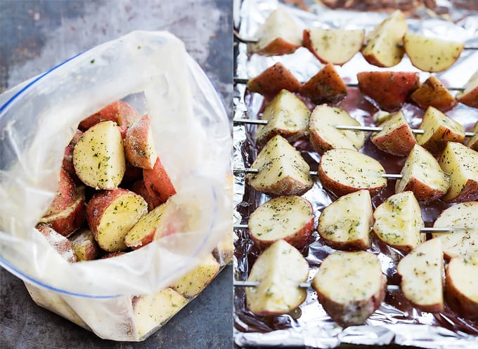 side by side pictures of grilled ranch potatoes in a zip lock bag and on skewers on a baking sheet.