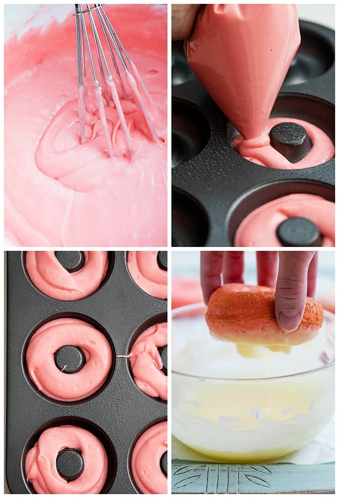 a collage of strawberry lemonade donuts being made.