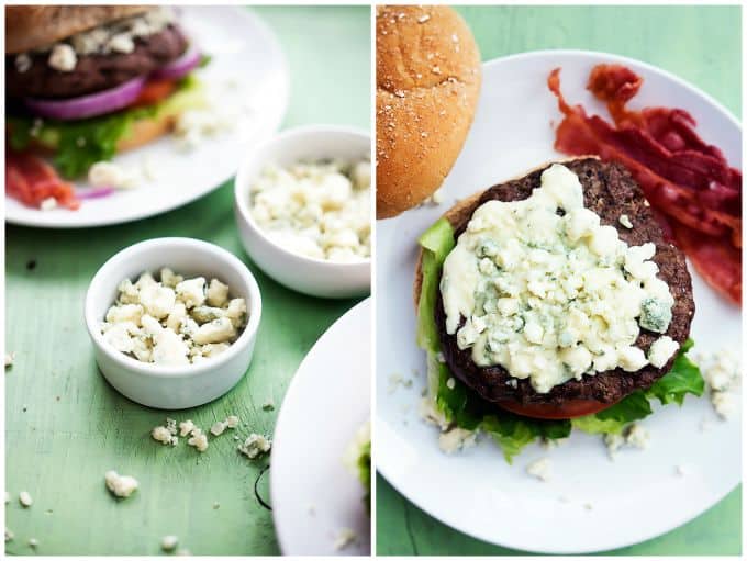 two images of bacon blue cheese burgers and bowls of blue cheese.