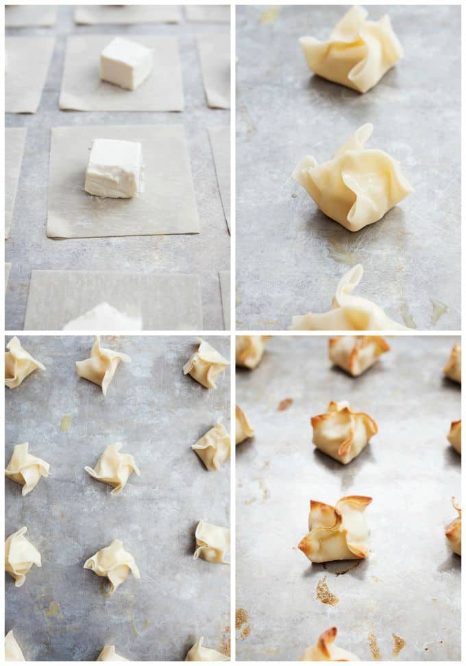a collage of baked cream cheese wontons being made.