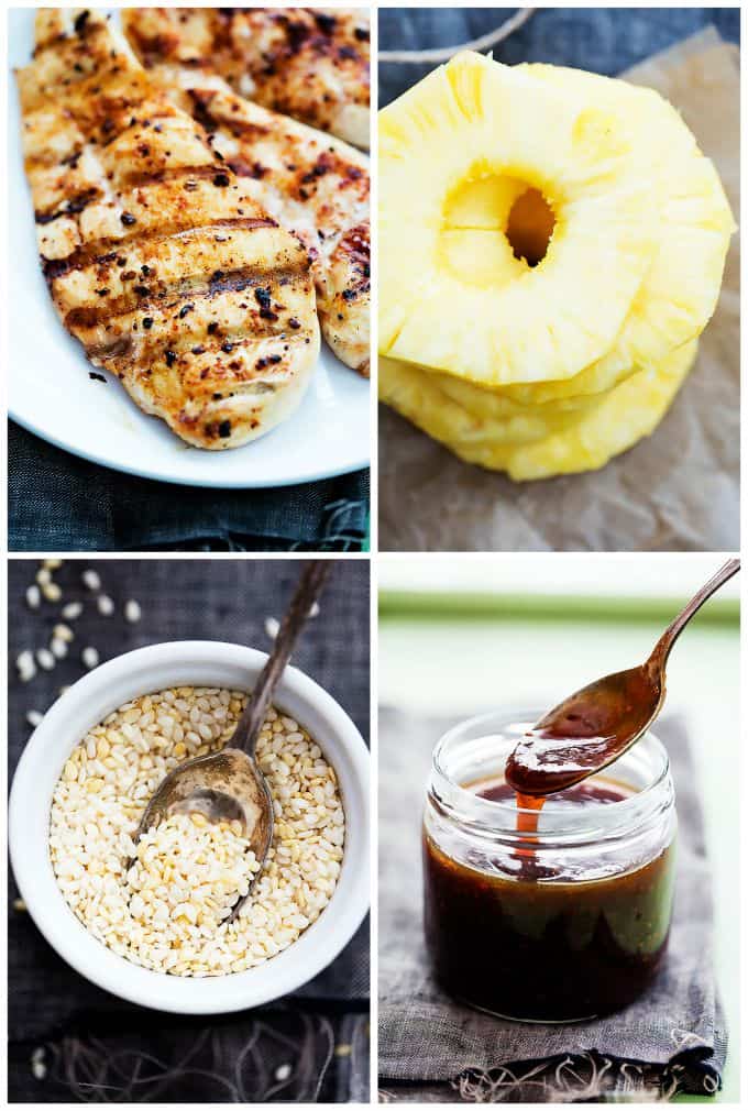 a collage of grilled pineapple teriyaki chicken wrap ingredients.