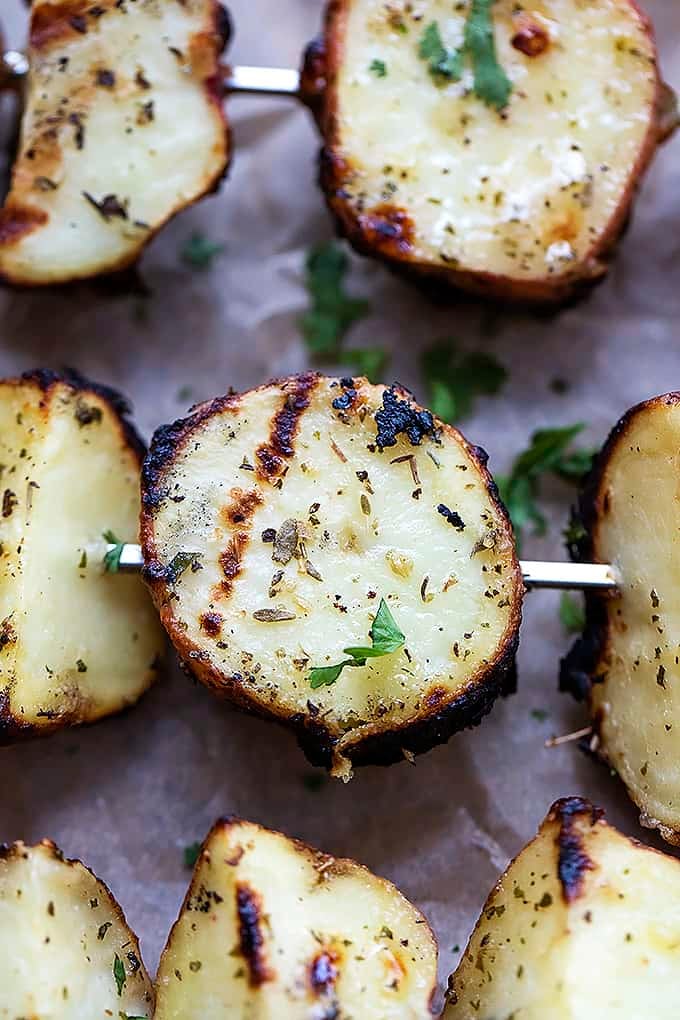 close up top view of grilled ranch potatoes.