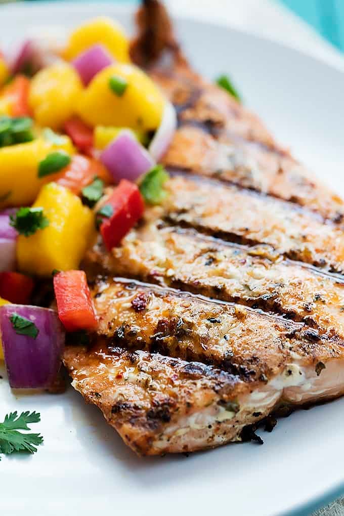 grilled salmon with mango salsa on a plate.