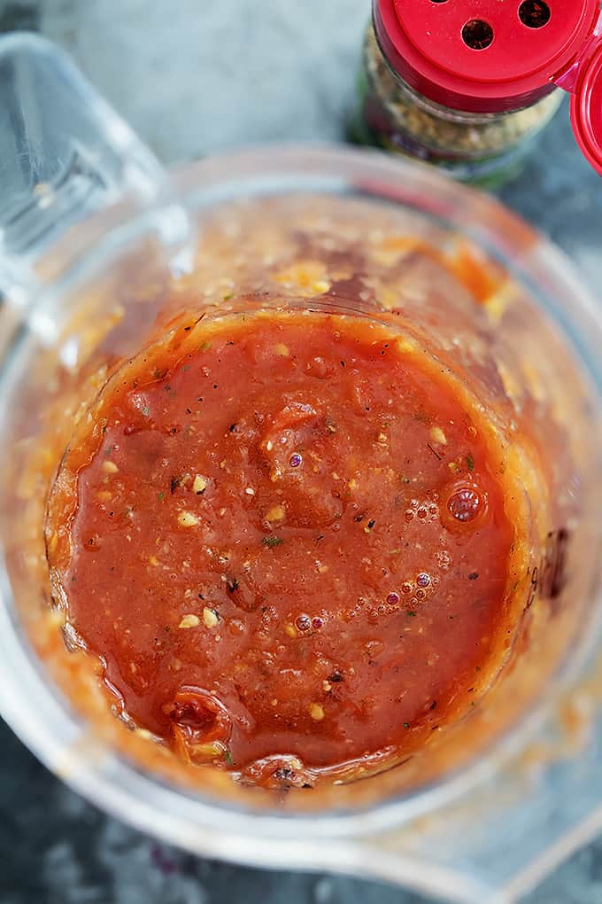 top view of fire roasted tomato pasta sauce in a blender.