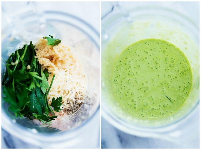 top view of side by side images of creamy parmesan dressing ingredients unblended and blended in a blender.