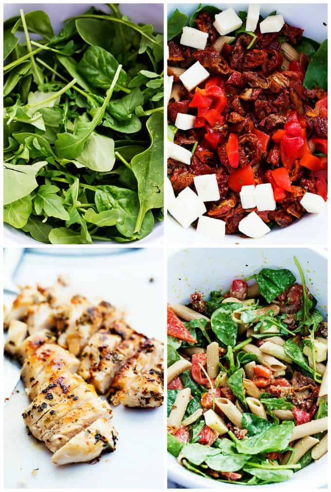 a collage of chicken penne salad with creamy parmesan dressing being made.