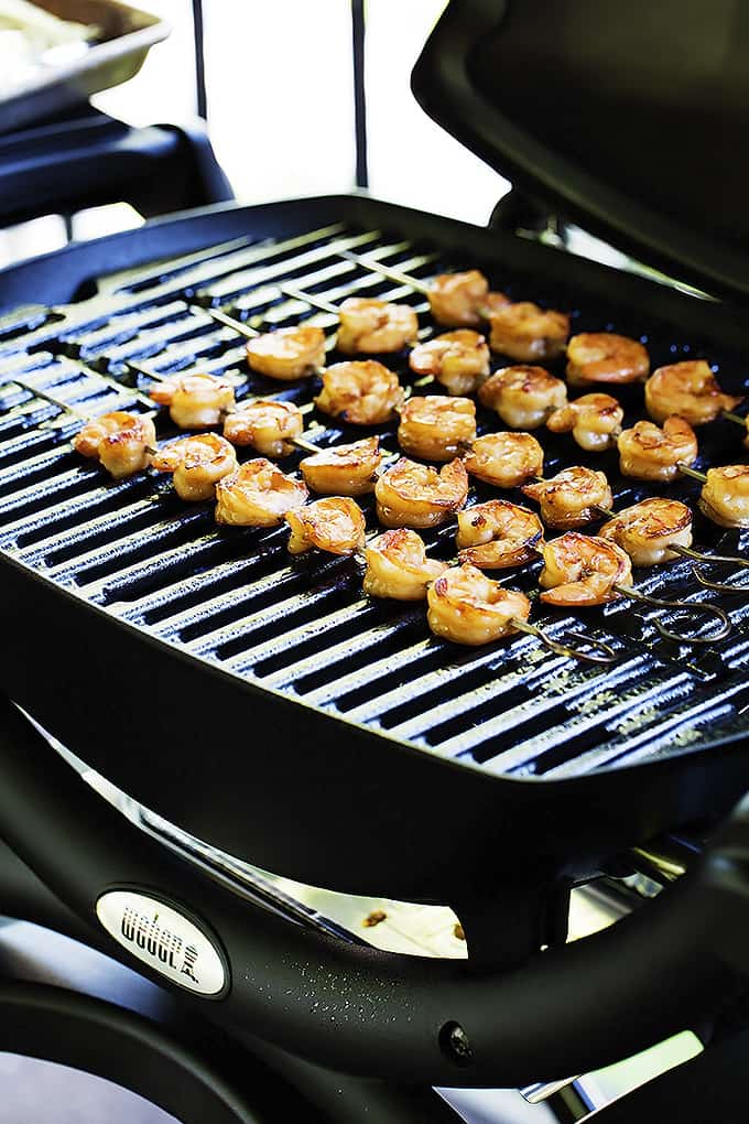 teriyaki shrimp skewers on the grill.