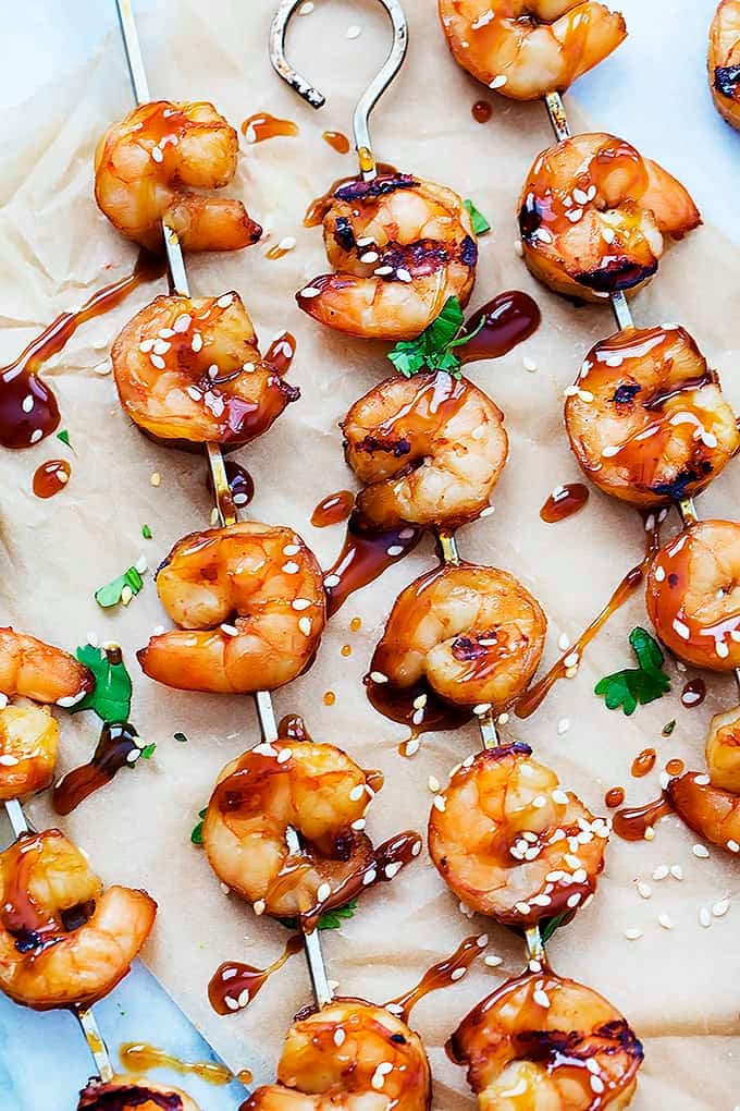 top view of teriyaki shrimp skewers.