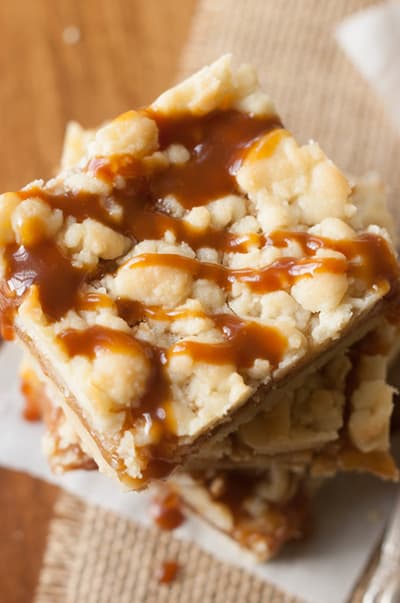 top view of stacked apple shortbread crumble bars.