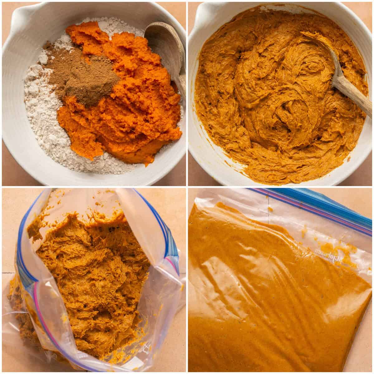 Steps 1-2 for prepping baked pumpkin donuts.